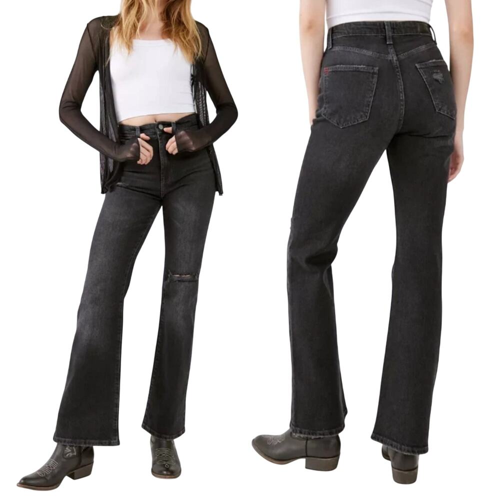 Urban Outfitters BDG Jeans Stretch High Rise Flare Leg Distressed Denim Black 26